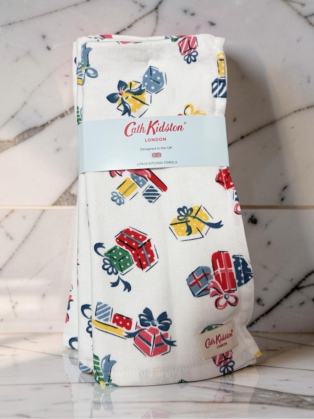 Cath Kidston NWT Package of 3 Whimsical White Dish Towels with Colorful Presents